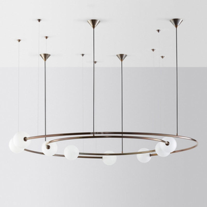 Brass Ringed Hanging Light Fixture Postmodern 8-Bulb Cream Orb Glass Chandelier Lamp over Kitchen Bar Brass Clearhalo 'Ceiling Lights' 'Chandeliers' 'Modern Chandeliers' 'Modern' Lighting' 1938346