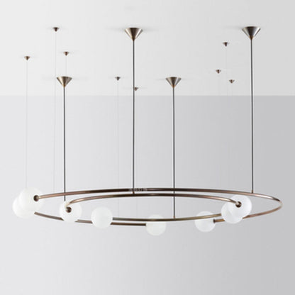 Brass Ringed Hanging Light Fixture Postmodern 8-Bulb Cream Orb Glass Chandelier Lamp over Kitchen Bar Brass Clearhalo 'Ceiling Lights' 'Chandeliers' 'Modern Chandeliers' 'Modern' Lighting' 1938346