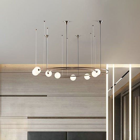 Brass Ringed Hanging Light Fixture Postmodern 8-Bulb Cream Orb Glass Chandelier Lamp over Kitchen Bar