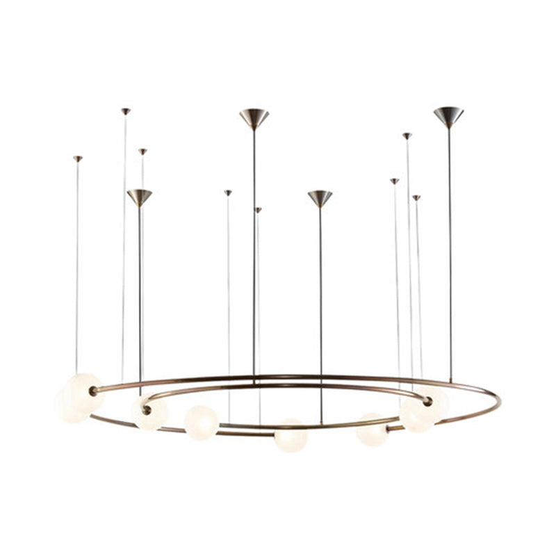 Brass Ringed Hanging Light Fixture Postmodern 8-Bulb Cream Orb Glass Chandelier Lamp over Kitchen Bar Clearhalo 'Ceiling Lights' 'Chandeliers' 'Modern Chandeliers' 'Modern' Lighting' 1938349