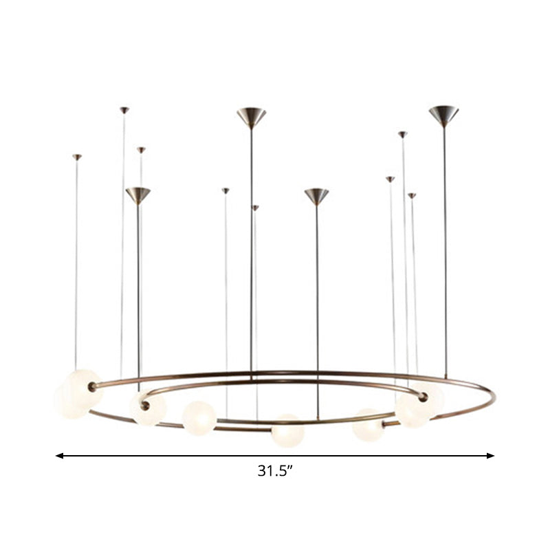 Brass Ringed Hanging Light Fixture Postmodern 8-Bulb Cream Orb Glass Chandelier Lamp over Kitchen Bar Clearhalo 'Ceiling Lights' 'Chandeliers' 'Modern Chandeliers' 'Modern' Lighting' 1938350