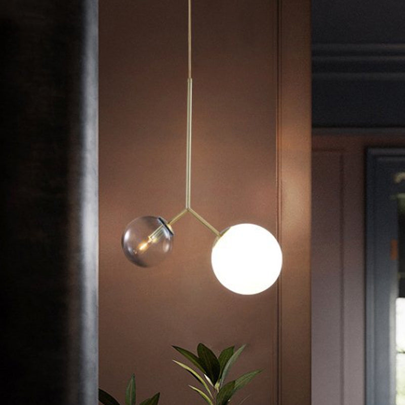 Bifurcated Bedside Pendant Chandelier Ombre Blue and Milk Glass 2 Heads Postmodern Pendant Light in Gold Clearhalo 'Ceiling Lights' 'Chandeliers' 'Modern Chandeliers' 'Modern' Lighting' 1938363