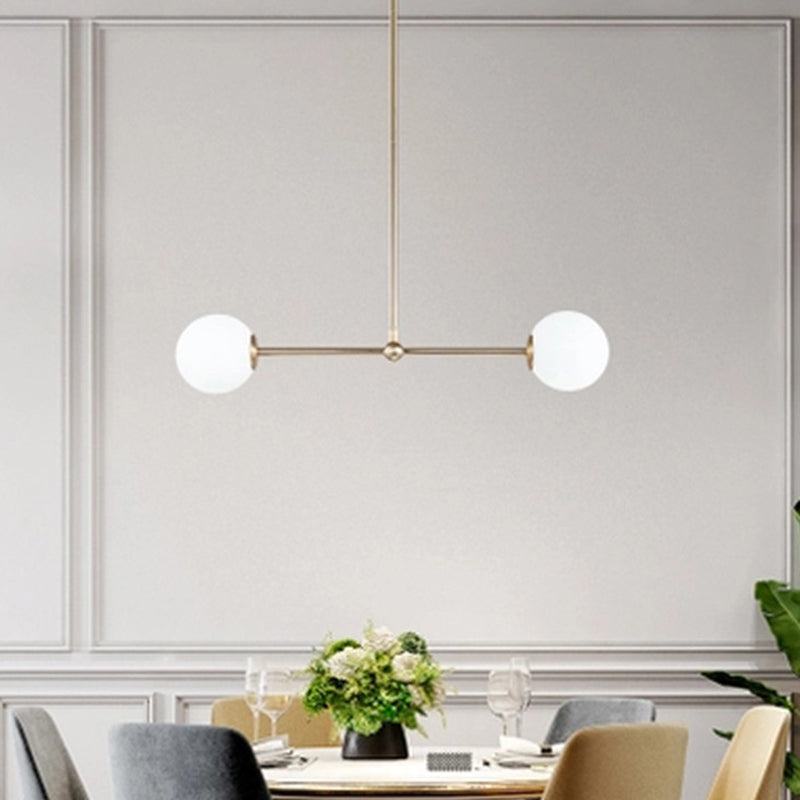 Minimalist Bar Shaped Pendant Light Metallic 2 Lights Postmodern Chandelier in Gold with Orb White Glass Shade Gold Clearhalo 'Ceiling Lights' 'Chandeliers' 'Modern Chandeliers' 'Modern' Lighting' 1938367