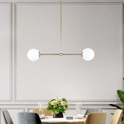 Minimalist Bar Shaped Pendant Light Metallic 2 Lights Postmodern Chandelier in Gold with Orb White Glass Shade Gold Clearhalo 'Ceiling Lights' 'Chandeliers' 'Modern Chandeliers' 'Modern' Lighting' 1938367