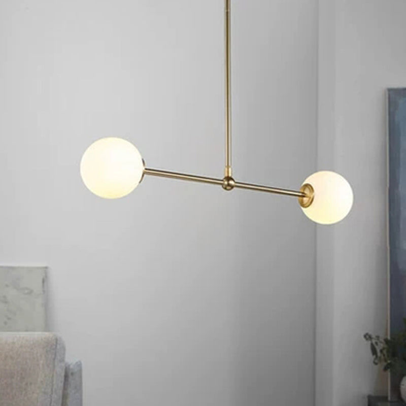 Minimalist Bar Shaped Pendant Light Metallic 2 Lights Postmodern Chandelier in Gold with Orb White Glass Shade Clearhalo 'Ceiling Lights' 'Chandeliers' 'Modern Chandeliers' 'Modern' Lighting' 1938369