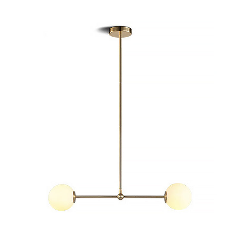 Minimalist Bar Shaped Pendant Light Metallic 2 Lights Postmodern Chandelier in Gold with Orb White Glass Shade Clearhalo 'Ceiling Lights' 'Chandeliers' 'Modern Chandeliers' 'Modern' Lighting' 1938370