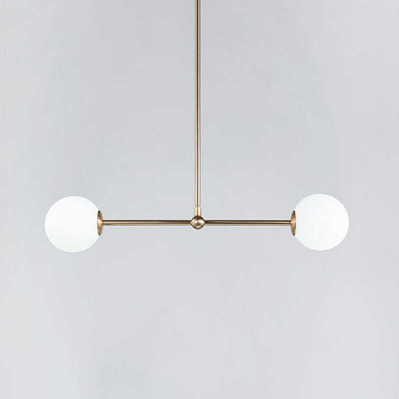 Minimalist Bar Shaped Pendant Light Metallic 2 Lights Postmodern Chandelier in Gold with Orb White Glass Shade Clearhalo 'Ceiling Lights' 'Chandeliers' 'Modern Chandeliers' 'Modern' Lighting' 1938371