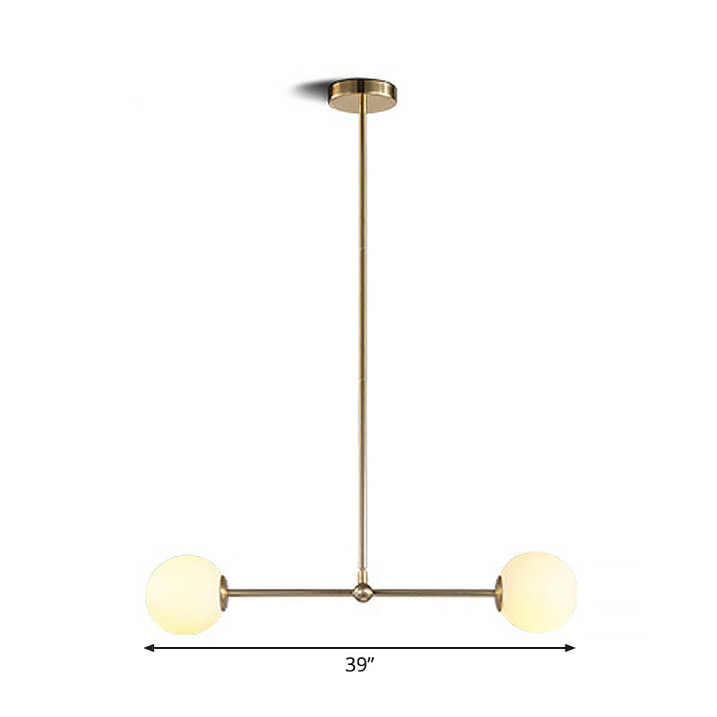 Minimalist Bar Shaped Pendant Light Metallic 2 Lights Postmodern Chandelier in Gold with Orb White Glass Shade Clearhalo 'Ceiling Lights' 'Chandeliers' 'Modern Chandeliers' 'Modern' Lighting' 1938372
