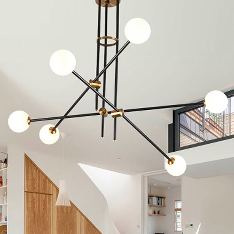 Black 3-Arm Chandelier Light Postmodern 6 Bulbs Metal Ceiling Pendant with Ball Milky Glass Shade Black Clearhalo 'Ceiling Lights' 'Chandeliers' 'Modern Chandeliers' 'Modern' Lighting' 1938373