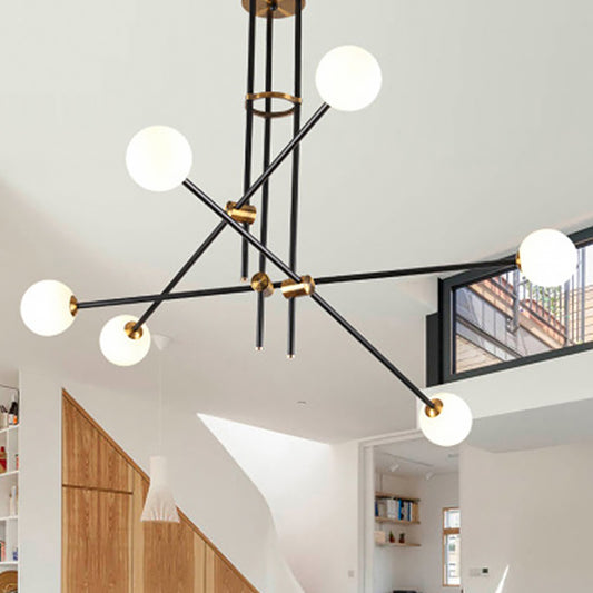 Black 3-Arm Chandelier Light Postmodern 6 Bulbs Metal Ceiling Pendant with Ball Milky Glass Shade Black Clearhalo 'Ceiling Lights' 'Chandeliers' 'Modern Chandeliers' 'Modern' Lighting' 1938373
