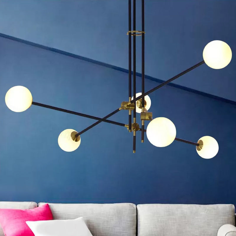 Black 3-Arm Chandelier Light Postmodern 6 Bulbs Metal Ceiling Pendant with Ball Milky Glass Shade Clearhalo 'Ceiling Lights' 'Chandeliers' 'Modern Chandeliers' 'Modern' Lighting' 1938374