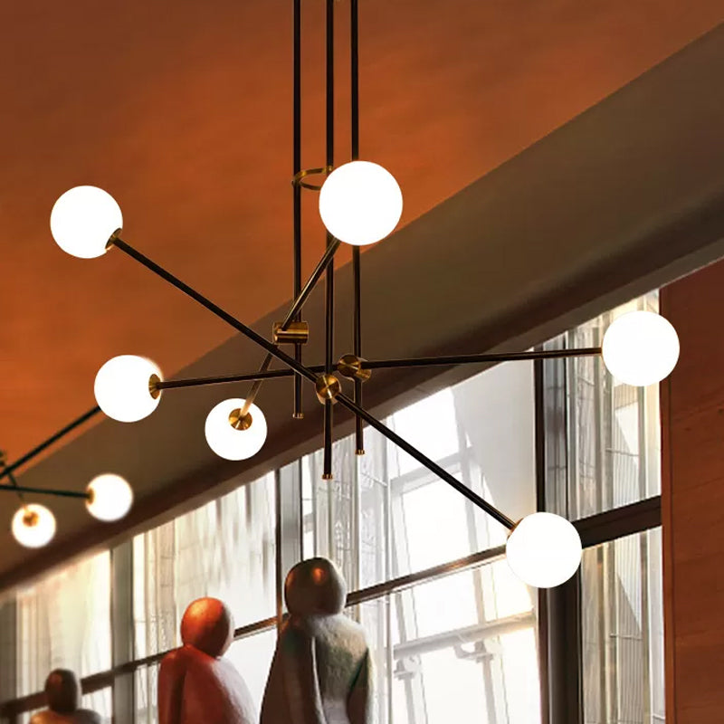 Black 3-Arm Chandelier Light Postmodern 6 Bulbs Metal Ceiling Pendant with Ball Milky Glass Shade Clearhalo 'Ceiling Lights' 'Chandeliers' 'Modern Chandeliers' 'Modern' Lighting' 1938375