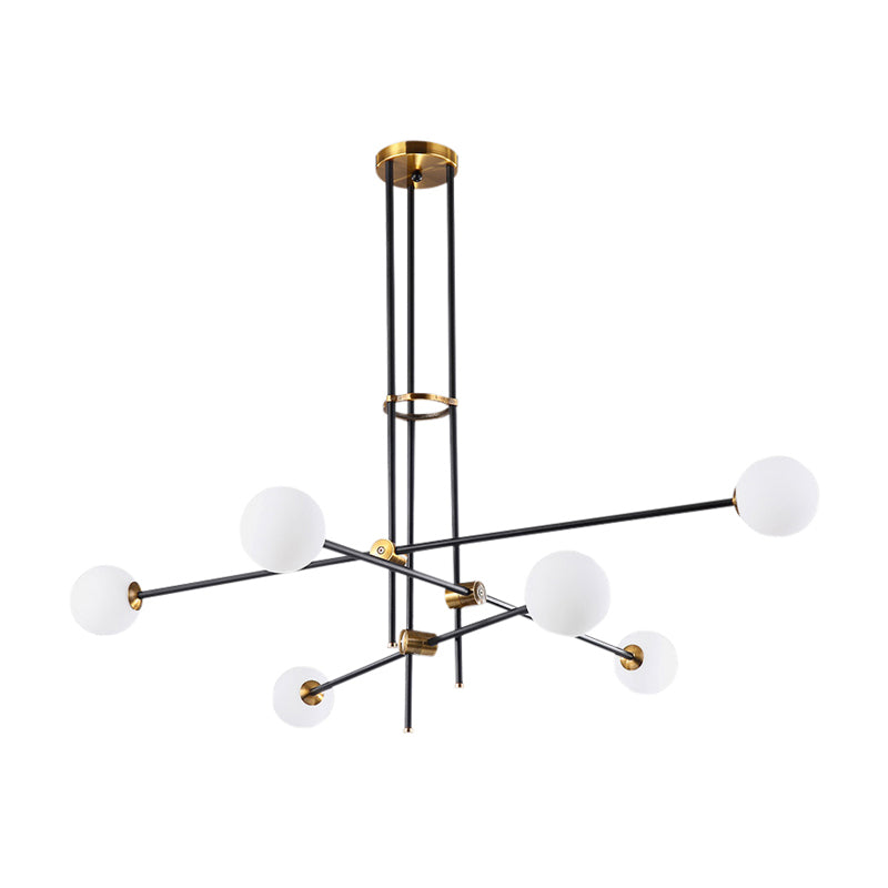 Black 3-Arm Chandelier Light Postmodern 6 Bulbs Metal Ceiling Pendant with Ball Milky Glass Shade Clearhalo 'Ceiling Lights' 'Chandeliers' 'Modern Chandeliers' 'Modern' Lighting' 1938377