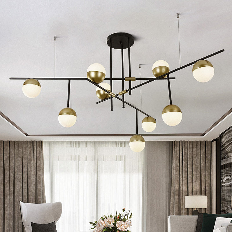 1/3-Tier Hanging Chandelier Postmodern Cream Ball Glass 3/9 Bulbs Black and Gold Ceiling Suspension Lamp Clearhalo 'Ceiling Lights' 'Chandeliers' 'Modern Chandeliers' 'Modern' Lighting' 1938417