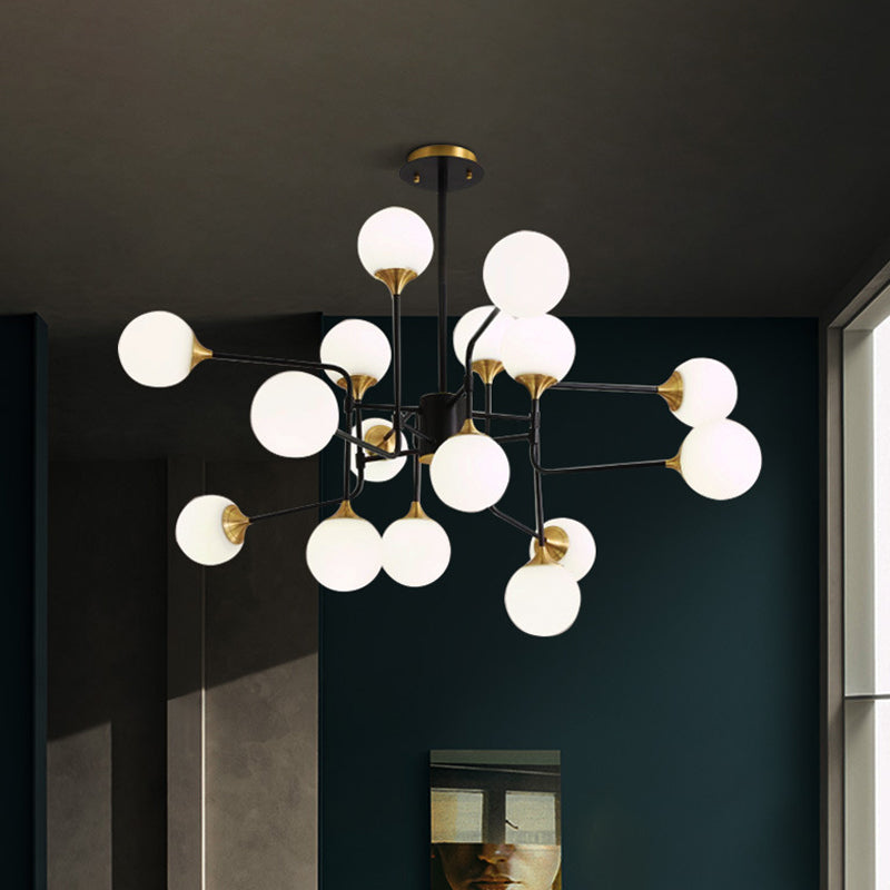 Black and Gold Branch Hanging Lamp Modern 8/12/16-Light Milky Ball Glass Chandelier Light Fixture 16 Black Clearhalo 'Ceiling Lights' 'Chandeliers' 'Modern Chandeliers' 'Modern' Lighting' 1938425