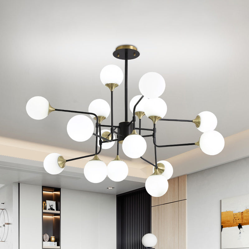 Black and Gold Branch Hanging Lamp Modern 8/12/16-Light Milky Ball Glass Chandelier Light Fixture Clearhalo 'Ceiling Lights' 'Chandeliers' 'Modern Chandeliers' 'Modern' Lighting' 1938426