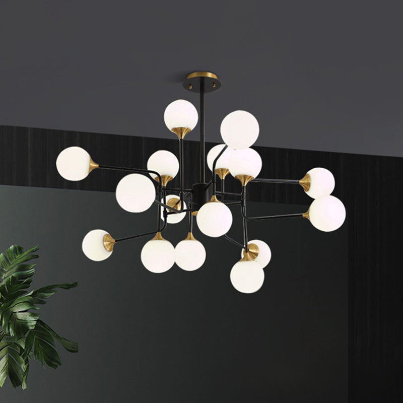 Black and Gold Branch Hanging Lamp Modern 8/12/16-Light Milky Ball Glass Chandelier Light Fixture Clearhalo 'Ceiling Lights' 'Chandeliers' 'Modern Chandeliers' 'Modern' Lighting' 1938427