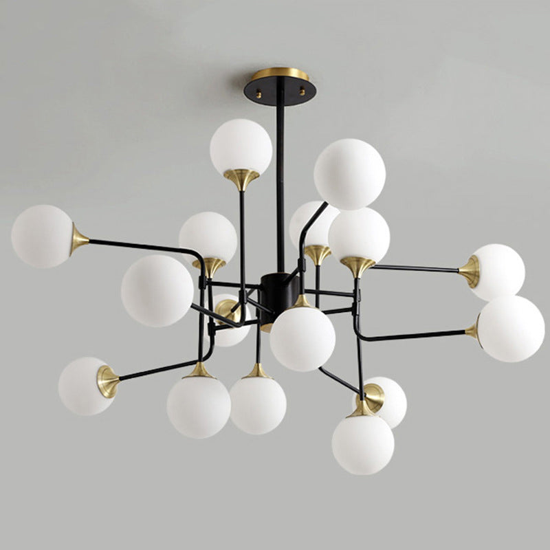 Black and Gold Branch Hanging Lamp Modern 8/12/16-Light Milky Ball Glass Chandelier Light Fixture Clearhalo 'Ceiling Lights' 'Chandeliers' 'Modern Chandeliers' 'Modern' Lighting' 1938429