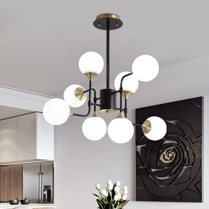 Black and Gold Branch Hanging Lamp Modern 8/12/16-Light Milky Ball Glass Chandelier Light Fixture Clearhalo 'Ceiling Lights' 'Chandeliers' 'Modern Chandeliers' 'Modern' Lighting' 1938432