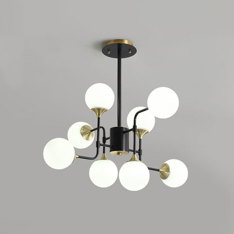 Black and Gold Branch Hanging Lamp Modern 8/12/16-Light Milky Ball Glass Chandelier Light Fixture Clearhalo 'Ceiling Lights' 'Chandeliers' 'Modern Chandeliers' 'Modern' Lighting' 1938434