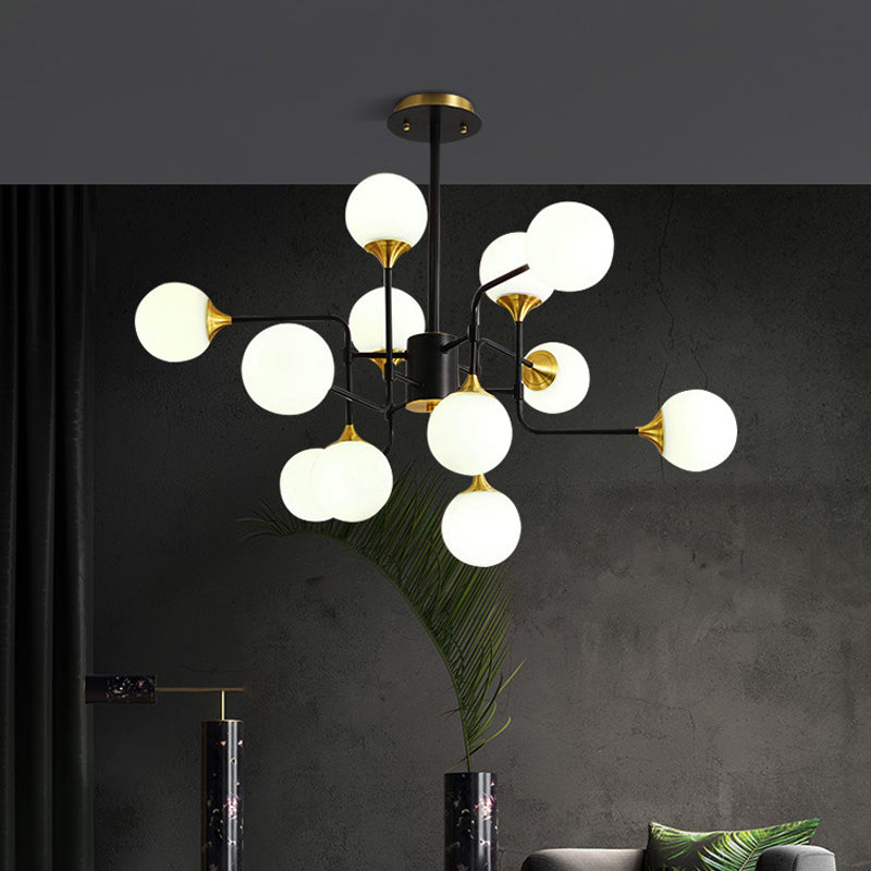 Black and Gold Branch Hanging Lamp Modern 8/12/16-Light Milky Ball Glass Chandelier Light Fixture Clearhalo 'Ceiling Lights' 'Chandeliers' 'Modern Chandeliers' 'Modern' Lighting' 1938437