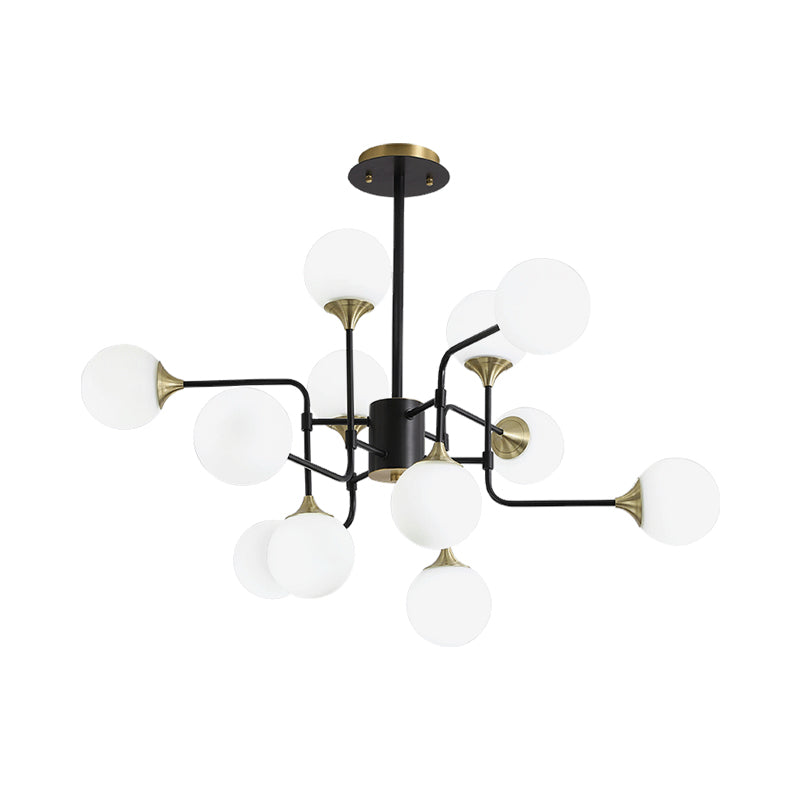 Black and Gold Branch Hanging Lamp Modern 8/12/16-Light Milky Ball Glass Chandelier Light Fixture Clearhalo 'Ceiling Lights' 'Chandeliers' 'Modern Chandeliers' 'Modern' Lighting' 1938438