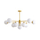 Iron Branch Chandelier Lamp Postmodern 9/11 Lights Black/Gold Hanging Pendant Light with Orb Opal Glass Shade Clearhalo 'Ceiling Lights' 'Chandeliers' 'Modern Chandeliers' 'Modern' Lighting' 1938510