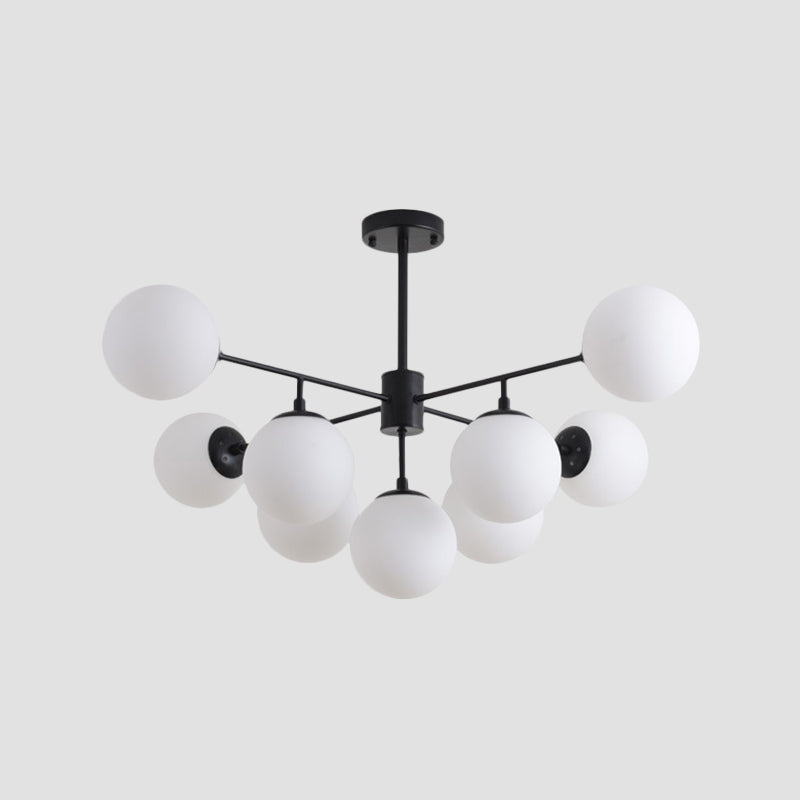 Iron Branch Chandelier Lamp Postmodern 9/11 Lights Black/Gold Hanging Pendant Light with Orb Opal Glass Shade Clearhalo 'Ceiling Lights' 'Chandeliers' 'Modern Chandeliers' 'Modern' Lighting' 1938523