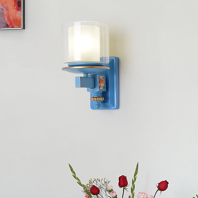 Nordic Stylish Cylinder Wall Light with Shell Deco 1 Light Metal & Glass Wall Lamp for Stair Water Blue Clearhalo 'Wall Lamps & Sconces' 'Wall Lights' Lighting' 193949