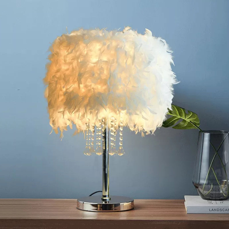 Romantic Drum Desk Light Feather White Table Light with Clear Crystal Bead for Hotel Restaurant Clearhalo 'Lamps' 'Table Lamps' Lighting' 193993
