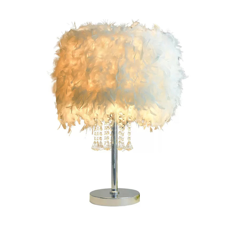 Romantic Drum Desk Light Feather White Table Light with Clear Crystal Bead for Hotel Restaurant Clearhalo 'Lamps' 'Table Lamps' Lighting' 193994