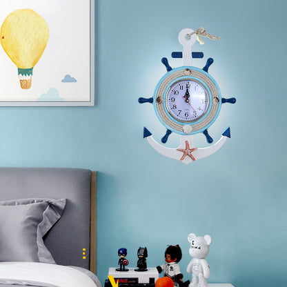 Child Bedroom Anchor Rudder Wall Light with Clock Wood Nautical Stylish Blue Wall Lamp Blue A Clearhalo 'Wall Lamps & Sconces' 'Wall Lights' Lighting' 194054