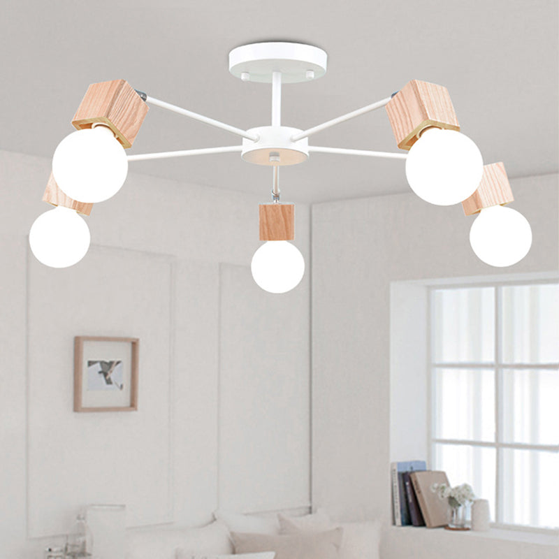 3/5 Heads Open Bulb Semi-Flush Ceiling Light with Square Design Loft Style Wood Metallic Ceiling Mount Chandelier Clearhalo 'Ceiling Lights' 'Close To Ceiling Lights' 'Close to ceiling' 'Semi-flushmount' Lighting' 19406