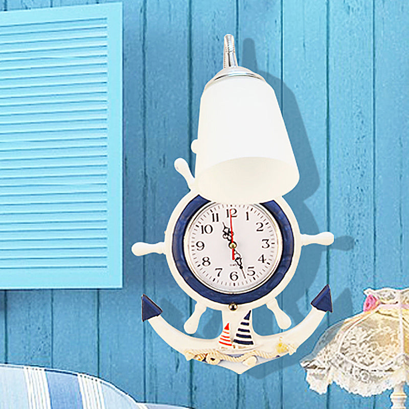 Nautical Stylish Rudder Wall Light with Clock 1 Light Wood & Glass Wall Sconce in White for Baby Room White Clearhalo 'Wall Lamps & Sconces' 'Wall Lights' Lighting' 194061