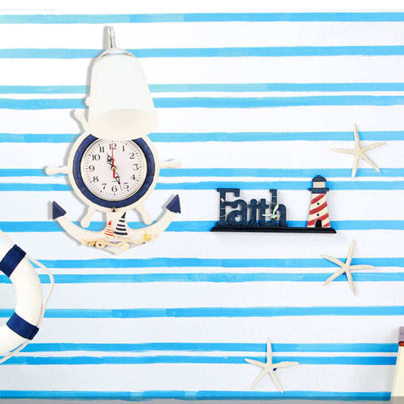 Nautical Stylish Rudder Wall Light with Clock 1 Light Wood & Glass Wall Sconce in White for Baby Room Clearhalo 'Wall Lamps & Sconces' 'Wall Lights' Lighting' 194062