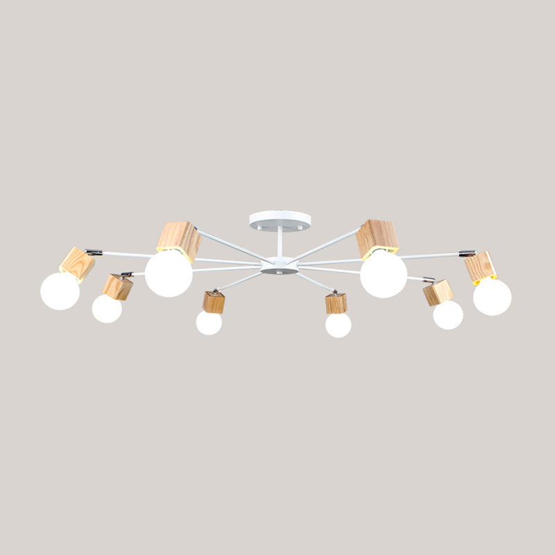 3/5 Heads Open Bulb Semi-Flush Ceiling Light with Square Design Loft Style Wood Metallic Ceiling Mount Chandelier 8 Wood Clearhalo 'Ceiling Lights' 'Close To Ceiling Lights' 'Close to ceiling' 'Semi-flushmount' Lighting' 19408