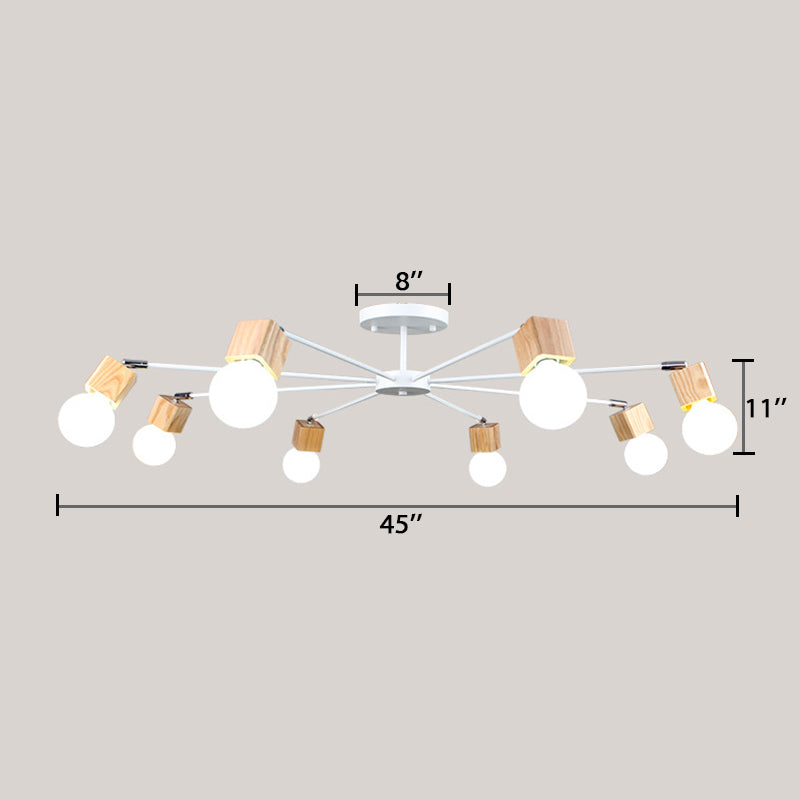 3/5 Heads Open Bulb Semi-Flush Ceiling Light with Square Design Loft Style Wood Metallic Ceiling Mount Chandelier Clearhalo 'Ceiling Lights' 'Close To Ceiling Lights' 'Close to ceiling' 'Semi-flushmount' Lighting' 19409