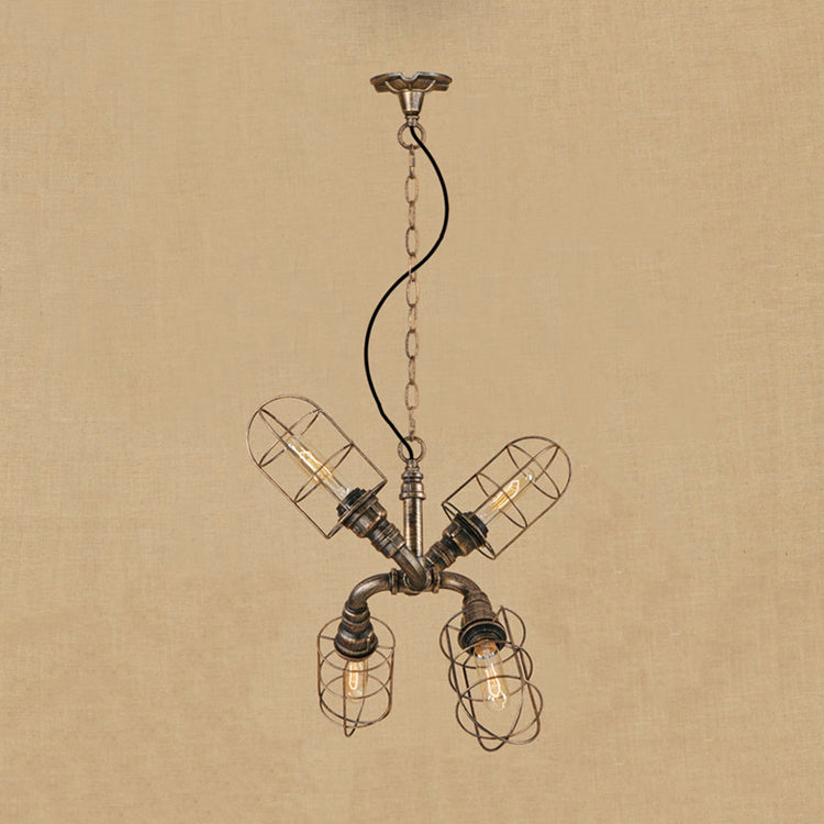 4-Light Caged Hanging Light Coastal Style Bronze/Antique Silver Wrought Iron Chandelier Pendant Light with Pipe Bronze Clearhalo 'Cast Iron' 'Ceiling Lights' 'Chandeliers' 'Industrial Chandeliers' 'Industrial' 'Metal' 'Middle Century Chandeliers' 'Rustic Chandeliers' 'Tiffany' Lighting' 19428