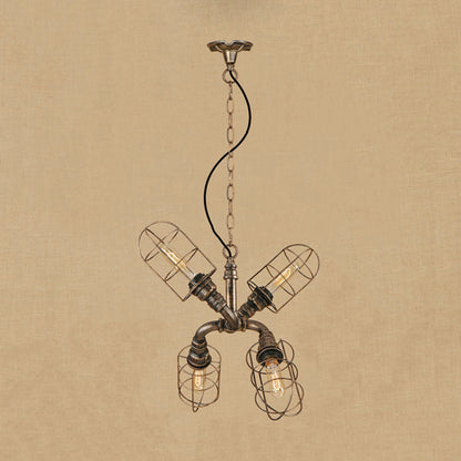 4-Light Caged Hanging Light Coastal Style Bronze/Antique Silver Wrought Iron Chandelier Pendant Light with Pipe Bronze Clearhalo 'Cast Iron' 'Ceiling Lights' 'Chandeliers' 'Industrial Chandeliers' 'Industrial' 'Metal' 'Middle Century Chandeliers' 'Rustic Chandeliers' 'Tiffany' Lighting' 19428