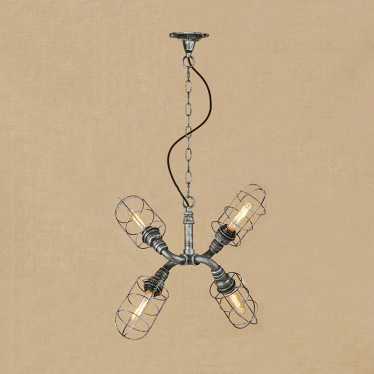 4-Light Caged Hanging Light Coastal Style Bronze/Antique Silver Wrought Iron Chandelier Pendant Light with Pipe Aged Silver Clearhalo 'Cast Iron' 'Ceiling Lights' 'Chandeliers' 'Industrial Chandeliers' 'Industrial' 'Metal' 'Middle Century Chandeliers' 'Rustic Chandeliers' 'Tiffany' Lighting' 19430