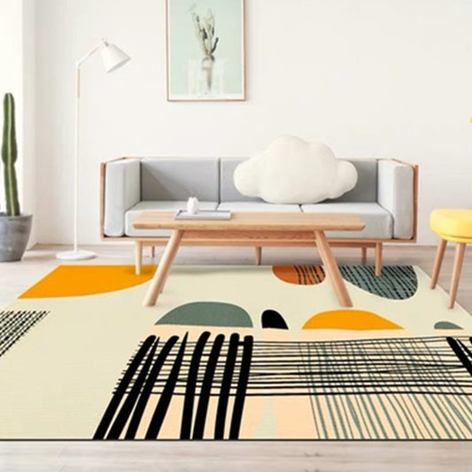 Ivory Bedroom Rug Novelty Color Block Stripe Pattern Rug Polyester Washable Area Rug Light Beige