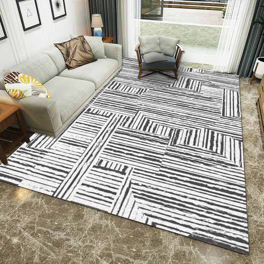 White Living Room Rug Novelty Stripe Geometric Pattern Area Rug Polyester Washable Carpet White