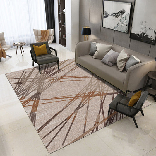 Contemporary Novelty Rug in Brown Geometry Lines Print Area Rug Polyester Washable Carpet for Bedroom Khaki