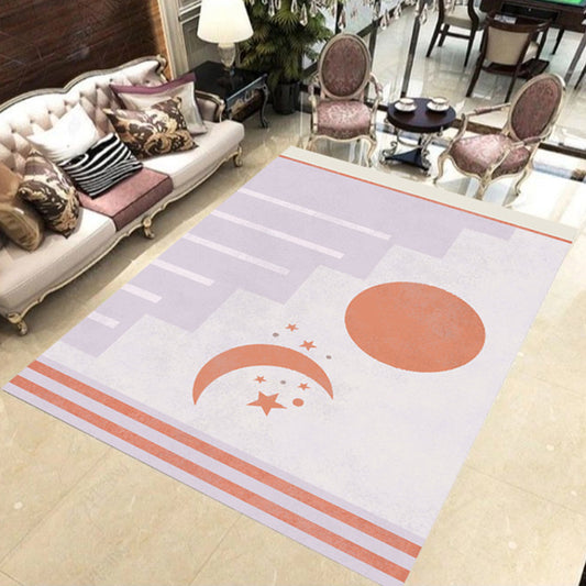 Modern Novelty Rug in Orange and Ivory Moon Sun Stripe Print Area Rug Polyester Washable Carpet for Bedroom Light Pink
