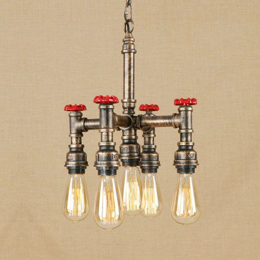Steampunk Open Bulb Chandelier Lighting with Pipe and Valve 5-Light Iron Hanging Ceiling Fixture in Antique Silver/Bronze Bronze Clearhalo 'Cast Iron' 'Ceiling Lights' 'Chandeliers' 'Industrial Chandeliers' 'Industrial' 'Metal' 'Middle Century Chandeliers' 'Rustic Chandeliers' 'Tiffany' Lighting' 19468