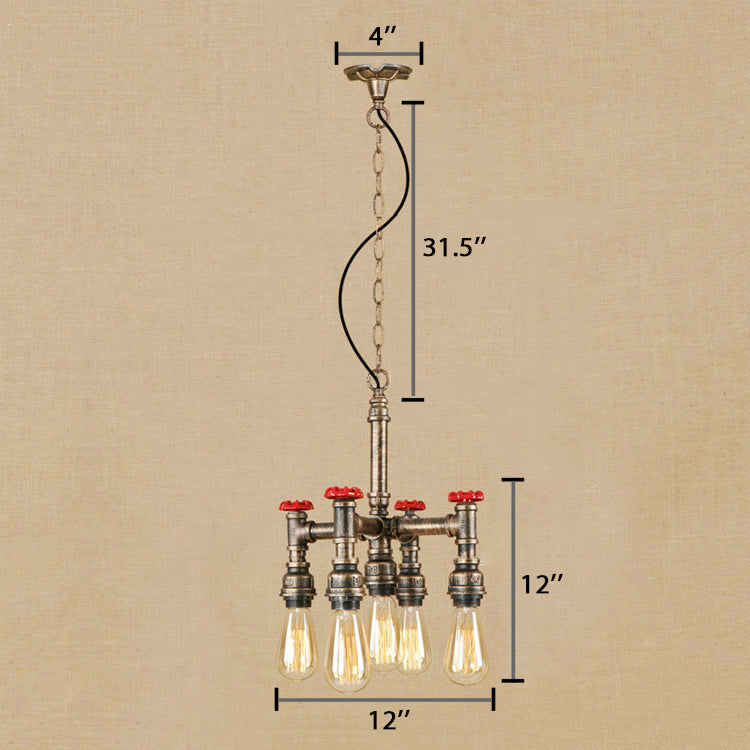 Steampunk Open Bulb Chandelier Lighting with Pipe and Valve 5-Light Iron Hanging Ceiling Fixture in Antique Silver/Bronze Clearhalo 'Cast Iron' 'Ceiling Lights' 'Chandeliers' 'Industrial Chandeliers' 'Industrial' 'Metal' 'Middle Century Chandeliers' 'Rustic Chandeliers' 'Tiffany' Lighting' 19469