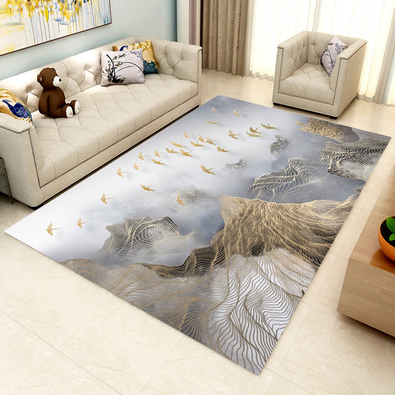 Gray and Brown Novelty Rug Polyester Mountain and Bird Print Rug Washable Non-Slip Backing Area Rug for Living Room Blue Clearhalo 'Area Rug' 'Modern' 'Rugs' Rug' 1946998