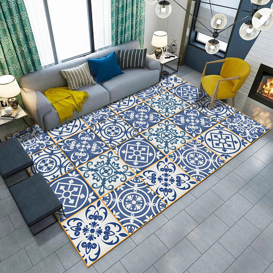Blue and White Bedroom Rug Moroccan Flower Circle Square Pattern Rug Polyester Machine Washable Carpet Blue Clearhalo 'Area Rug' 'Moroccan' 'Rugs' Rug' 1947096