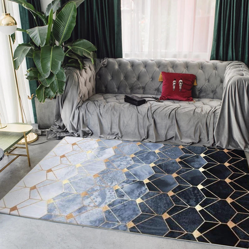 Blue Bedroom Rug Modern Geometric Hexagon Pattern Area Rug Polyester ...