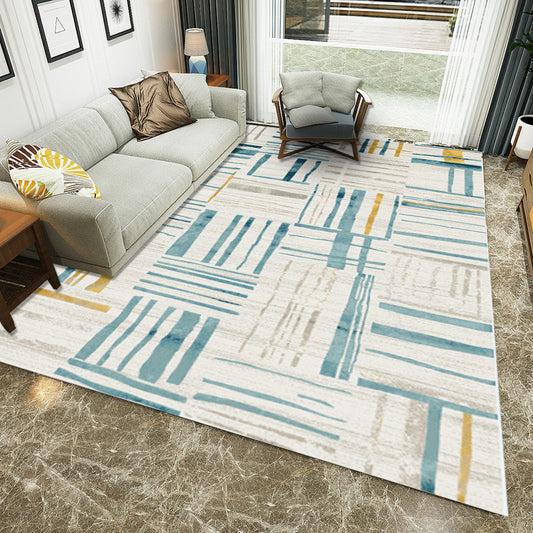 Ivory Bedroom Rug Modern Abstract Stripe Pattern Area Rug Polyester Washable Carpet Green